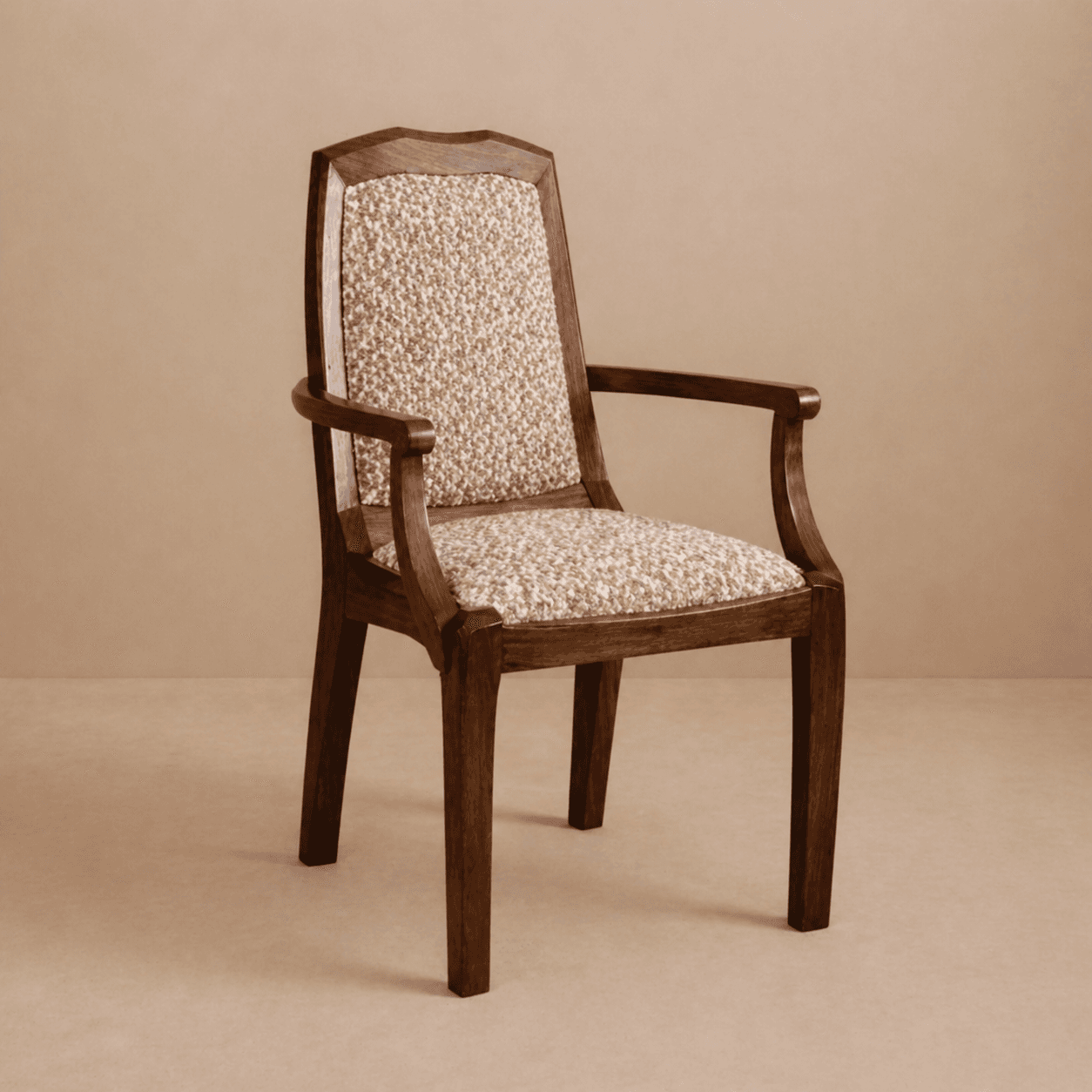 A wooden armchair with upholstered seat and back. The chair features a curved top rail for the backr… — 3D model