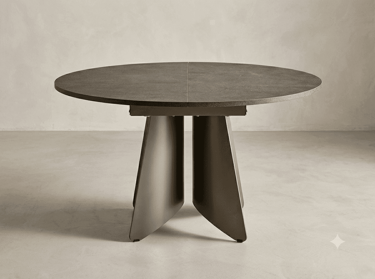 A modern round dining table featuring a dark, textured tabletop, which appears to be made from a sin… — 3D model