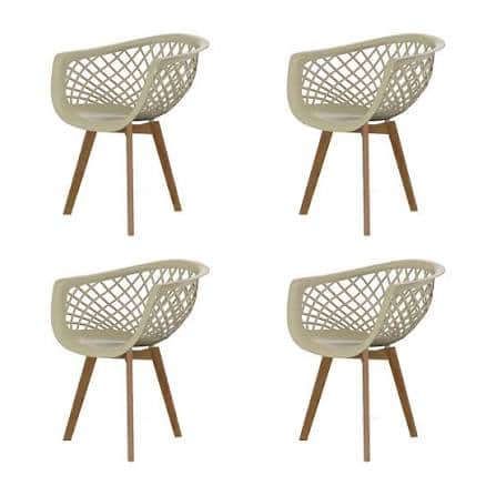 A contemporary dining chair featuring a molded plastic shell with an open lattice pattern on the bac… — 3D model
