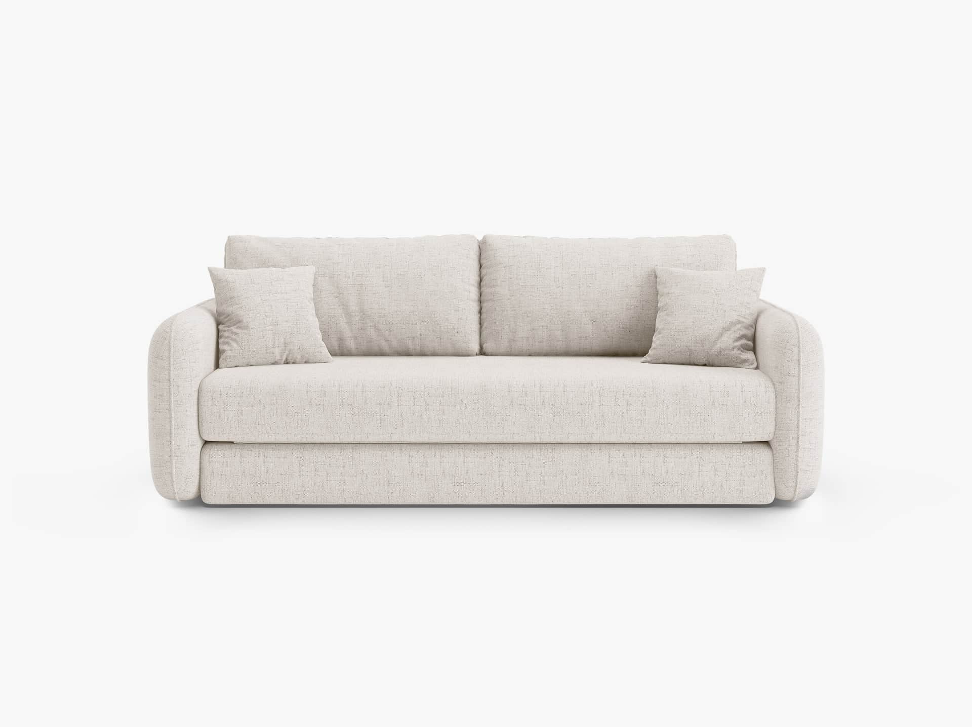 A sofa with a clean, modern design, featuring a light-colored textured fabric upholstery. It has a r… — 3D model