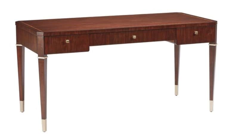 A sophisticated writing desk constructed from dark-stained wood, featuring a rectangular top with su… — 3D model