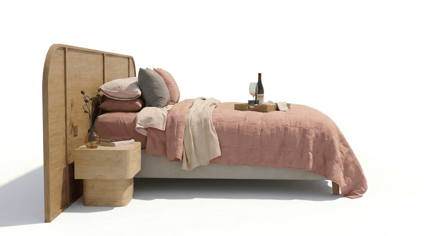 A modern platform bed featuring a light-toned wooden headboard with a distinctive curved side panel.… — 3D model