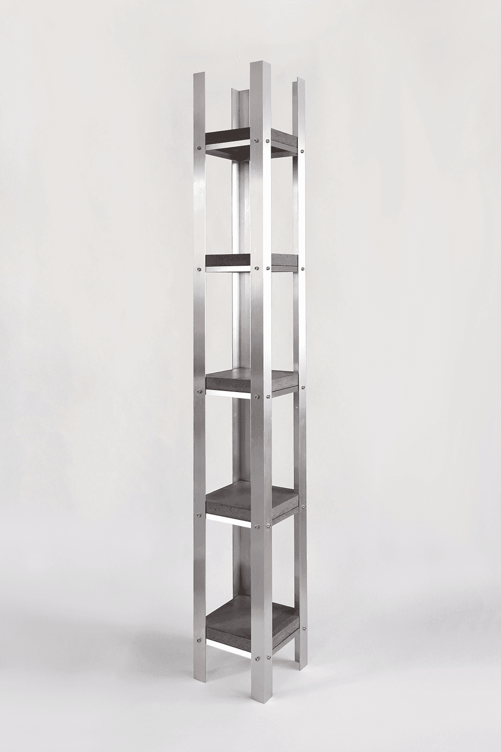 A tall, narrow shelving unit with a minimalist design. It features a frame constructed from four ver… — free OBJ 3D model