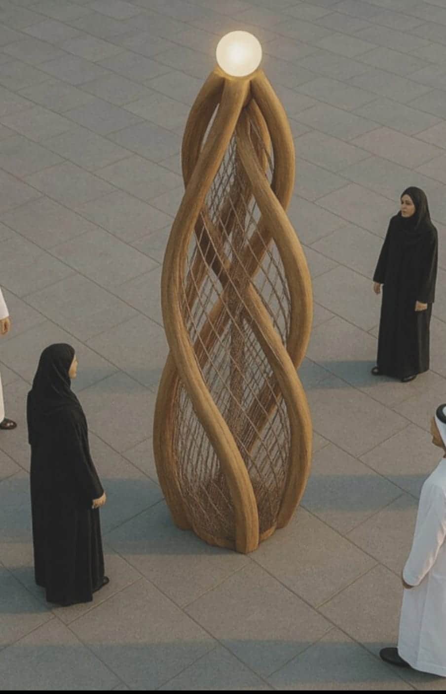 A tall, sculptural floor lamp featuring a twisted, open-cage wooden frame in a light natural finish.… — 3D model