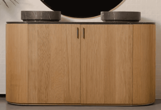 A modern double bathroom vanity featuring a cabinet with a fluted light wood finish and a dark, marb… — 3D model