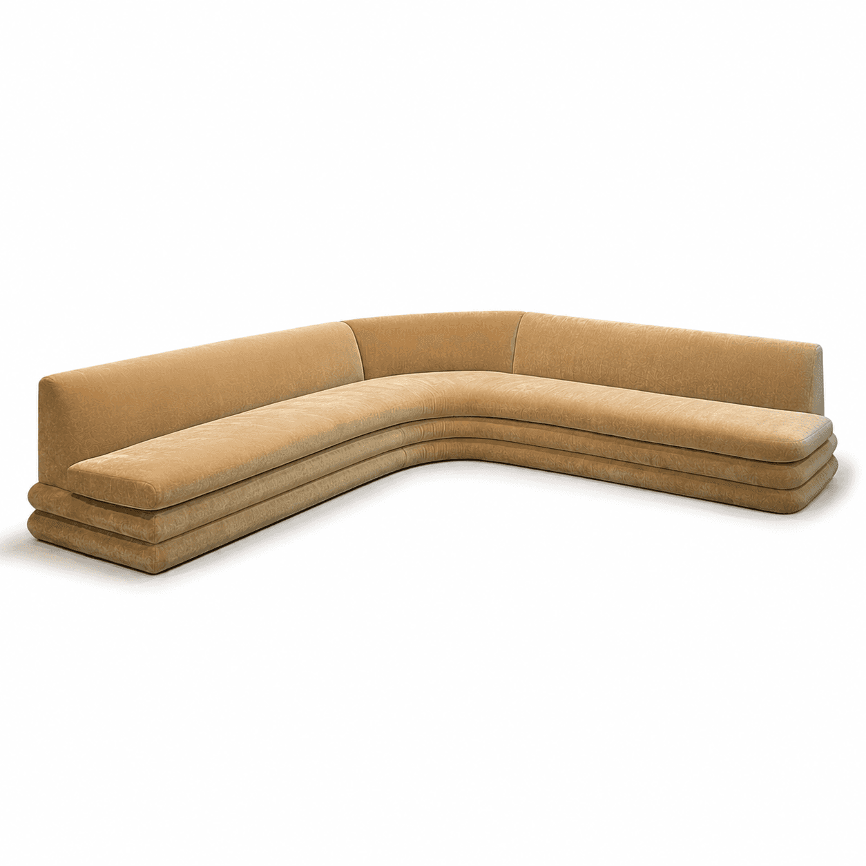 A sectional sofa with a curved, organic shape. The sofa features multiple stacked horizontal cushion… — free GLTF 3D model