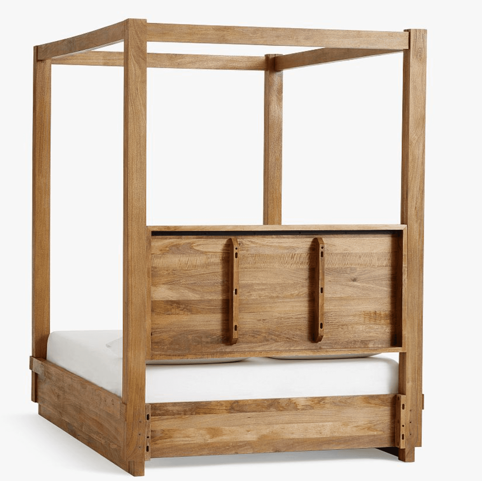 A sturdy wooden bed frame featuring a full canopy structure, four substantial corner posts, and a so… — free SKP 3D model