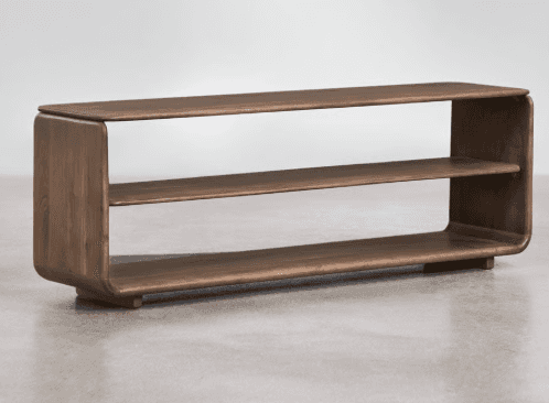 A modern, low-profile media console or open-shelf cabinet constructed from dark-stained wood, featur… — 3D model