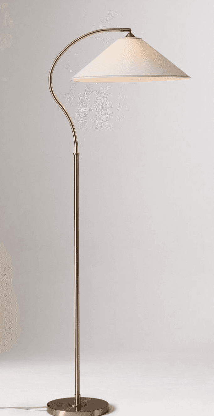A floor lamp with a slender, curved metal arm extending from a central pole. The arm supports a coni… — 3D model