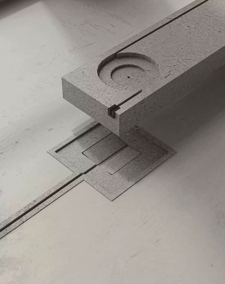 A minimalist, modular architectural fixture composed of a gray, coarse-textured material resembling… — 3D model