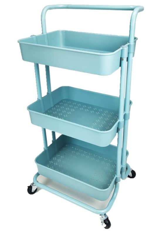 A light blue, three-tiered utility cart constructed from powder-coated metal. Each tier is a rectang… — 3D model