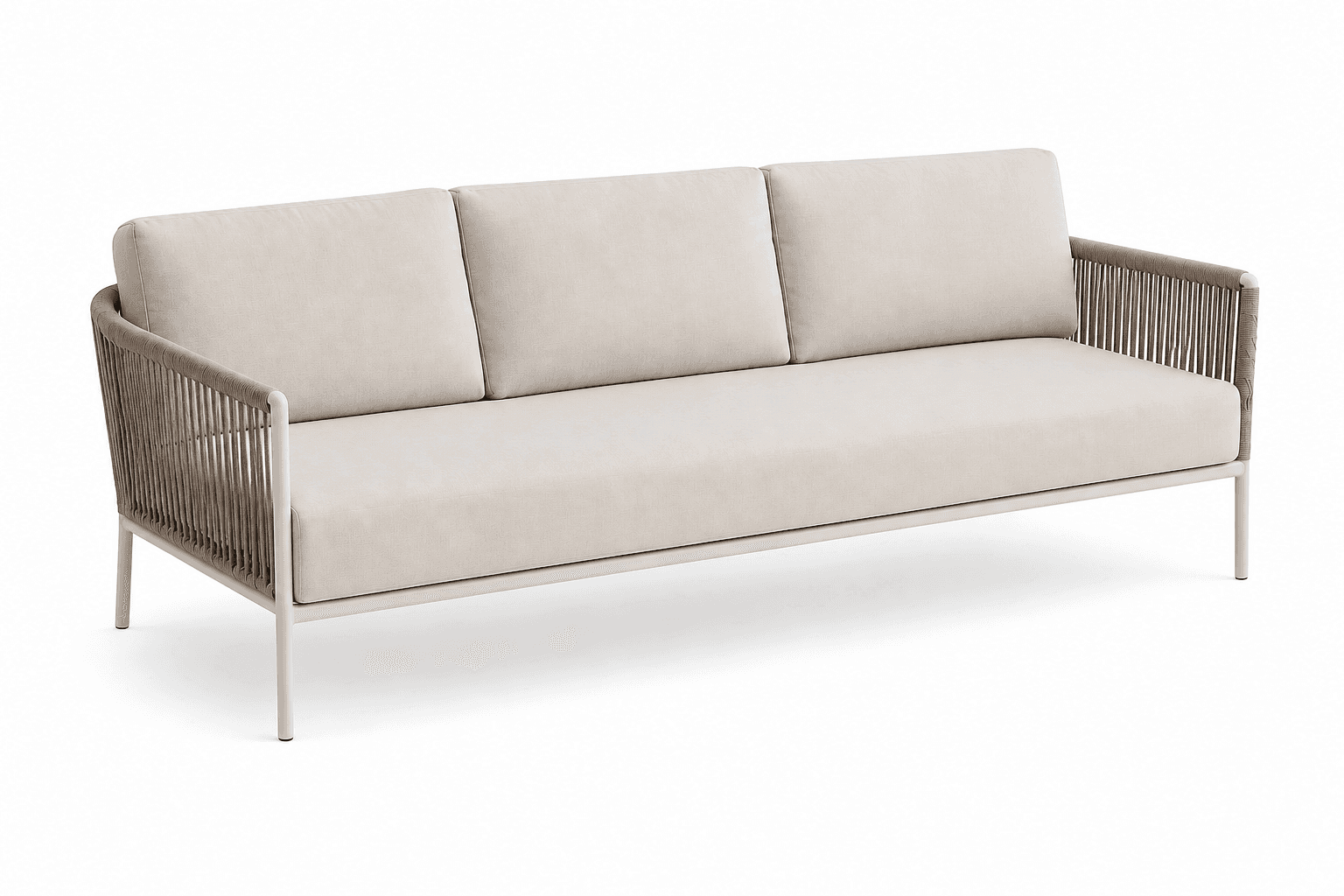 A three-seater sofa with a light-colored upholstered seat and back cushions. The frame is constructe… — 3D model
