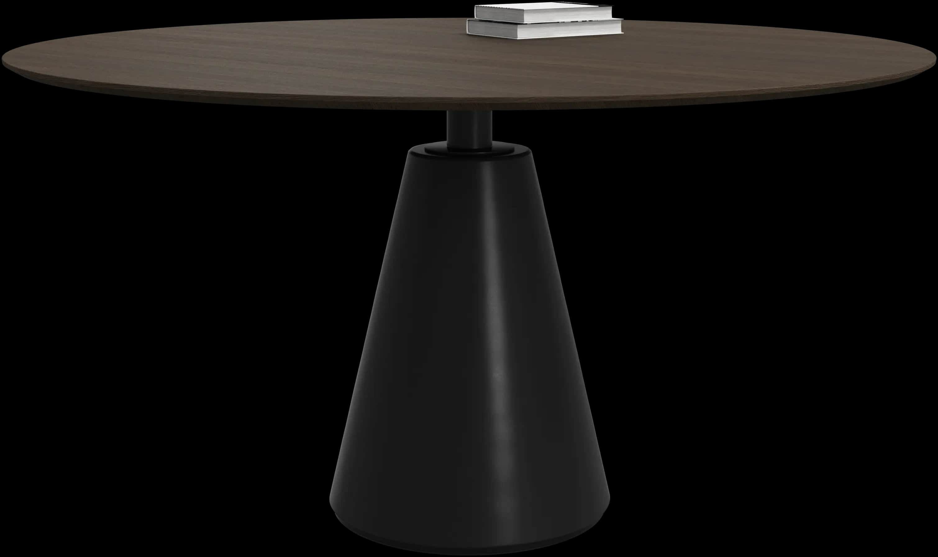 A round table featuring a dark wood-grain top and a black conical pedestal base. — 3D model