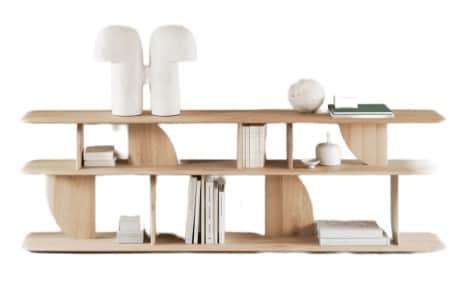 A modern, open-back bookshelf with a light wood finish. It features two horizontal shelves supported… — 3D model