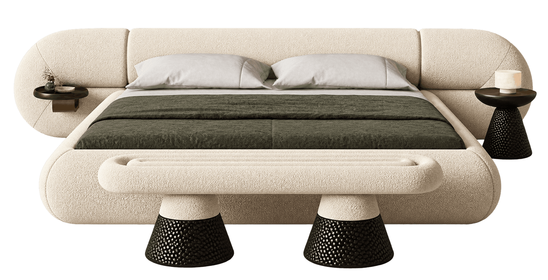 A modern, sculptural bed frame upholstered in a light-colored, textured boucle fabric, featuring a d… — 3D model