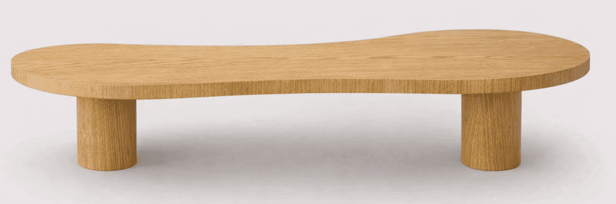 A low-profile bench with an organically shaped, elongated tabletop supported by two cylindrical legs… — 3D model