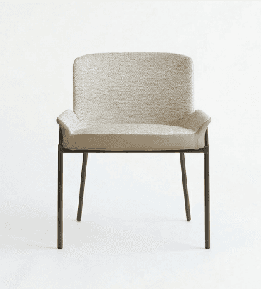 A contemporary dining armchair featuring a sleek metal frame, upholstered backrest in textured light… — 3D model