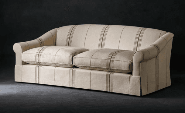 A cream-colored two-seater sofa with a brown ticking stripe pattern, featuring rolled arms and a tai… — free GLTF 3D model
