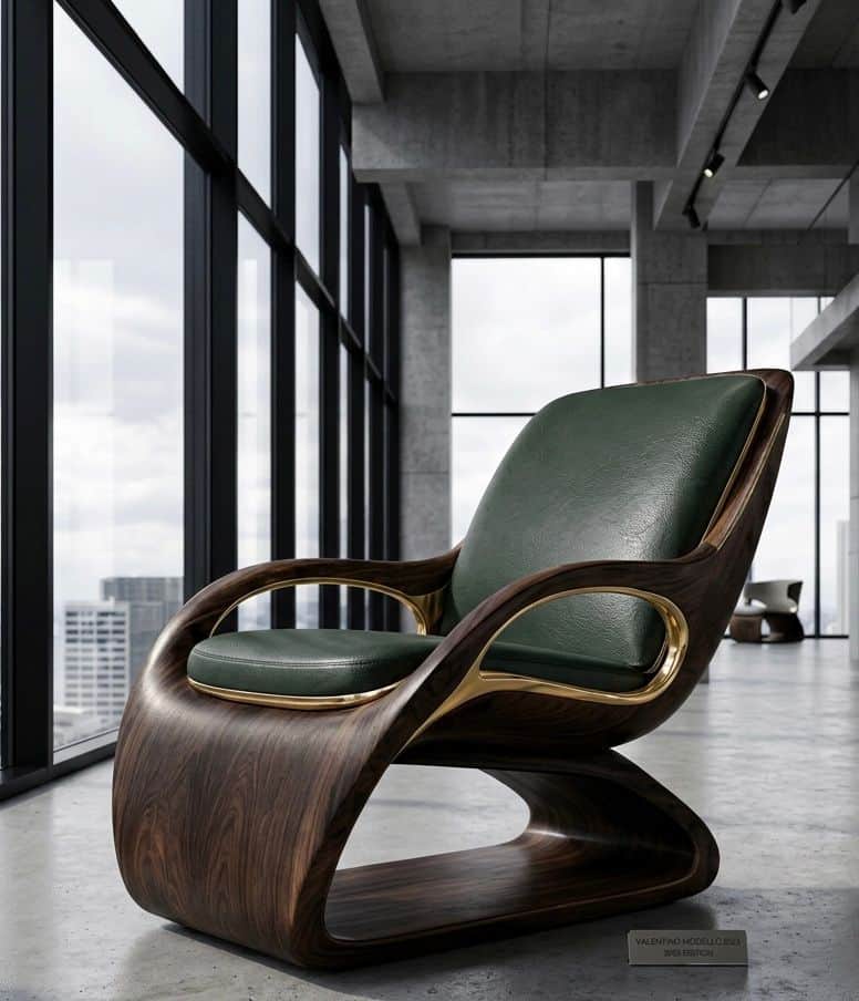 A sophisticated lounge chair featuring a continuous, curved frame crafted from dark-finished wood, p… — free OBJ 3D model
