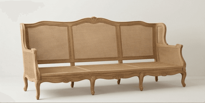 A long wooden seating unit with a cane backrest and seat, featuring an ornate carved frame and cabri… — 3D model