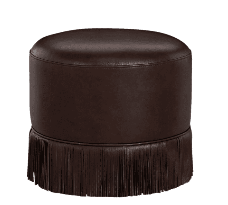 A cylindrical ottoman upholstered in dark brown leather. The top surface is rounded and stitched. Th… — 3D model