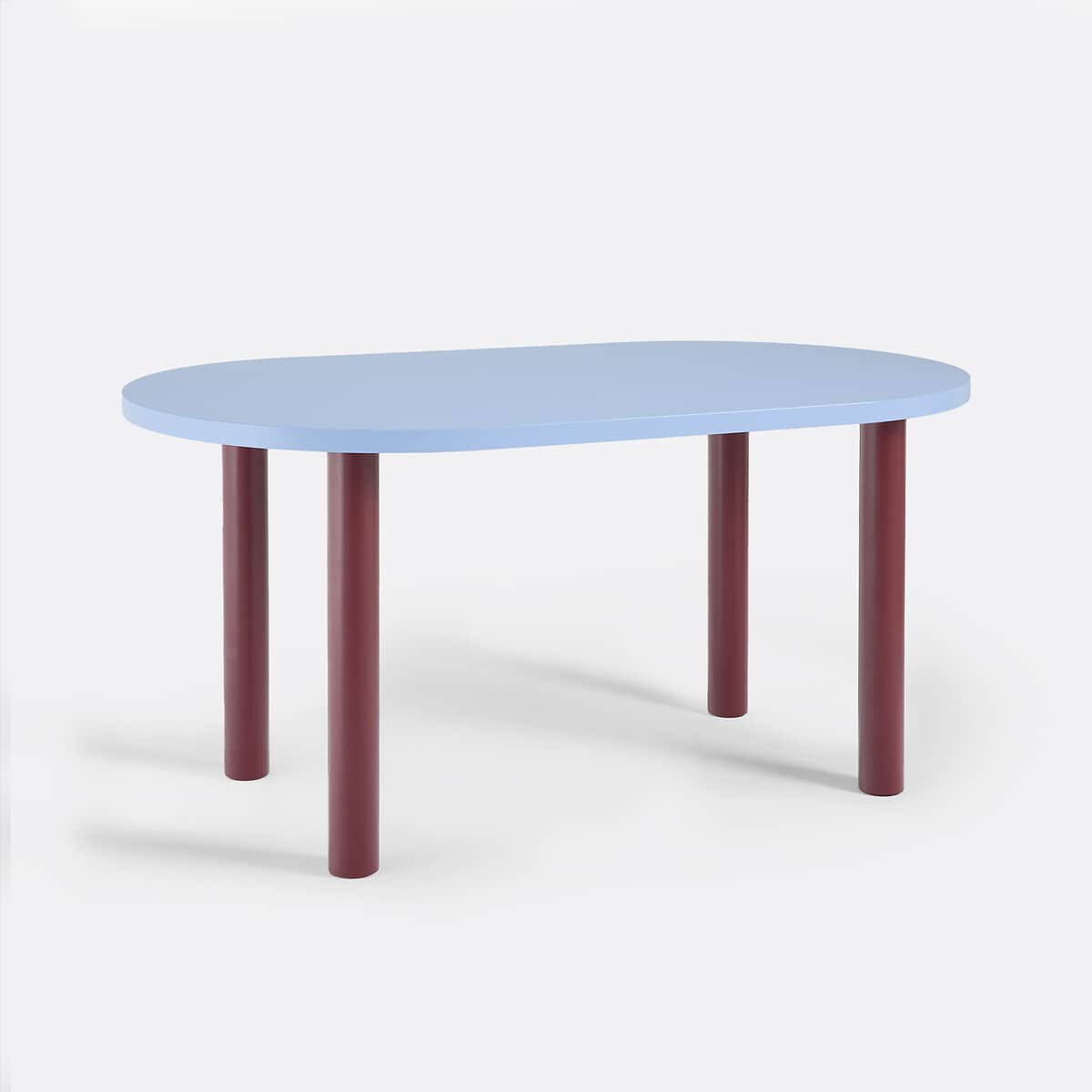 A contemporary oval table featuring a light blue tabletop and four sturdy, cylindrical maroon legs,… — 3D model