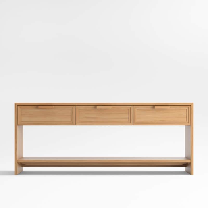 A long, narrow wooden console table featuring three spacious drawers across the top. The drawers hav… — 3D model