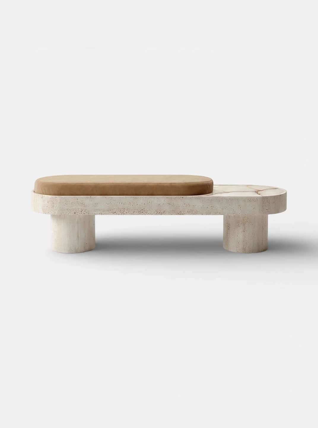 A contemporary bench featuring a substantial travertine stone base with an elongated, rounded rectan… — free GLTF 3D model
