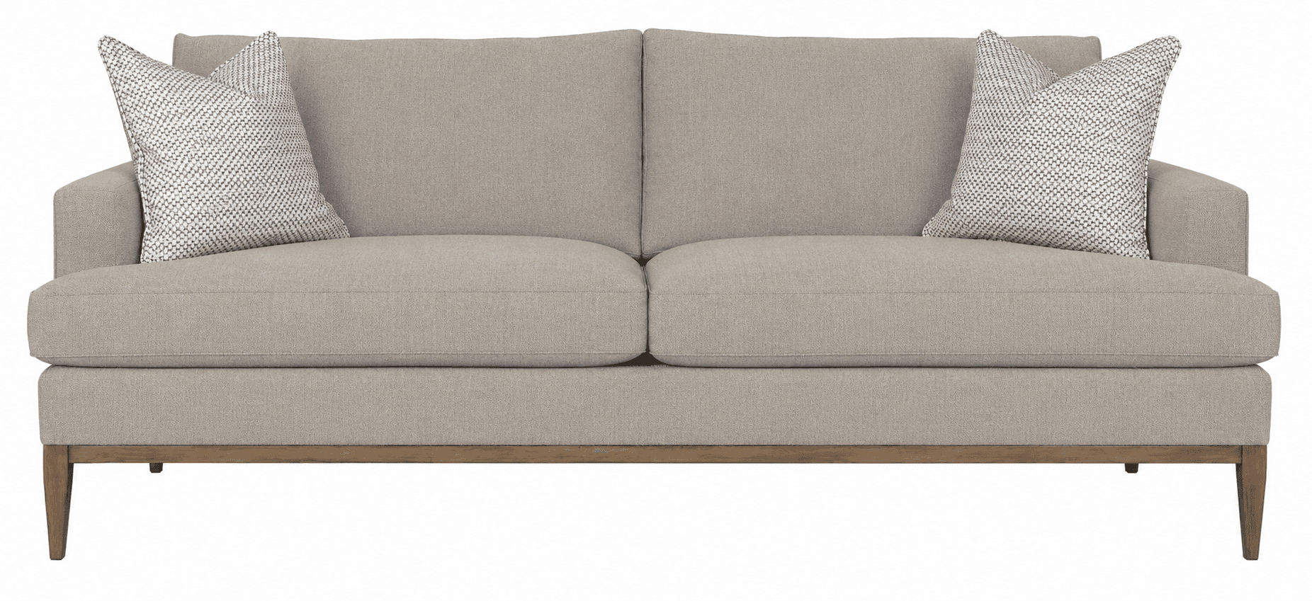 A two-seater sofa with a neutral beige fabric upholstery. It features two throw pillows with a black… — 3D model