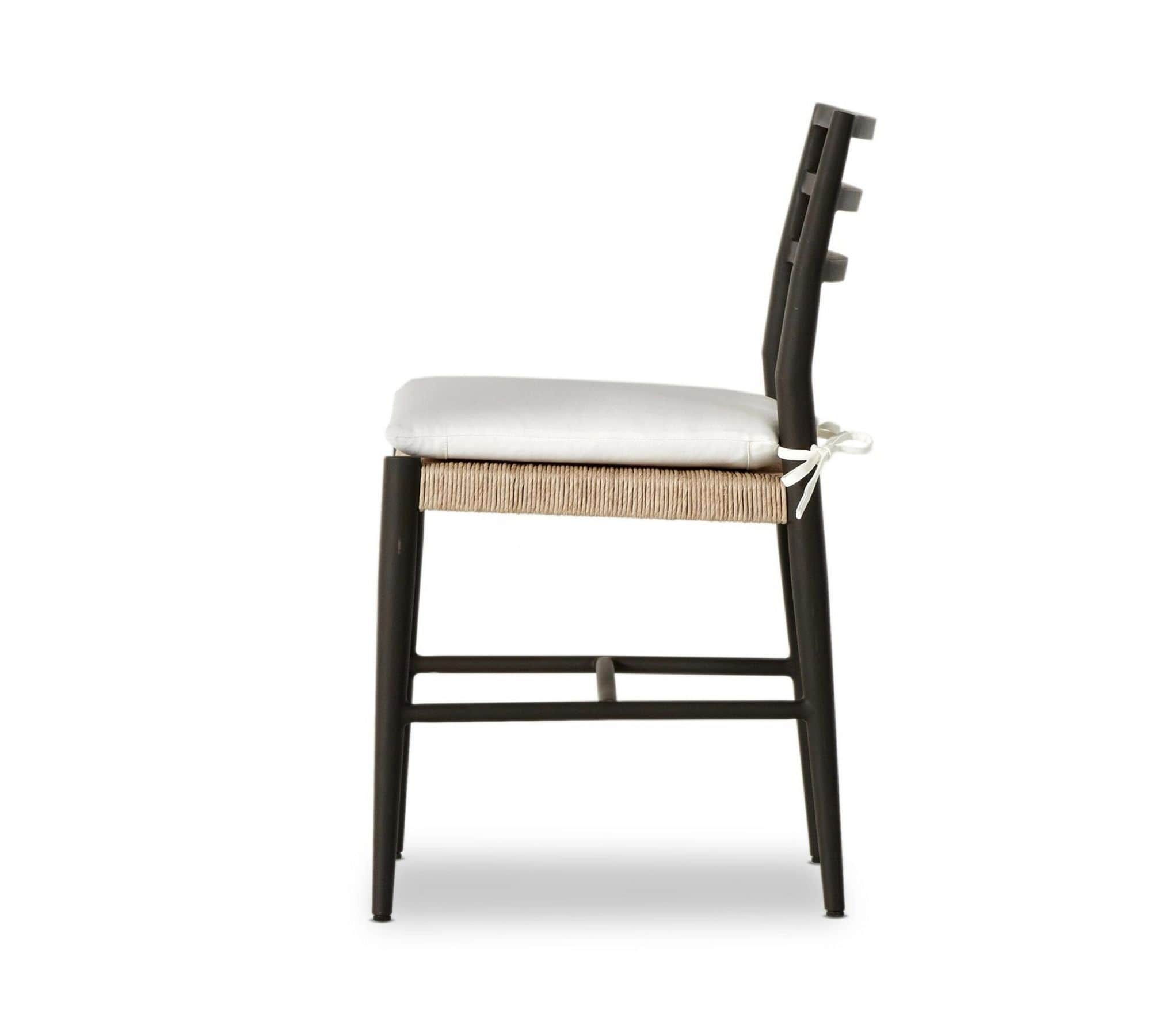A modern black wooden dining chair featuring a woven natural rope seat and a removable white fabric… — 3D model