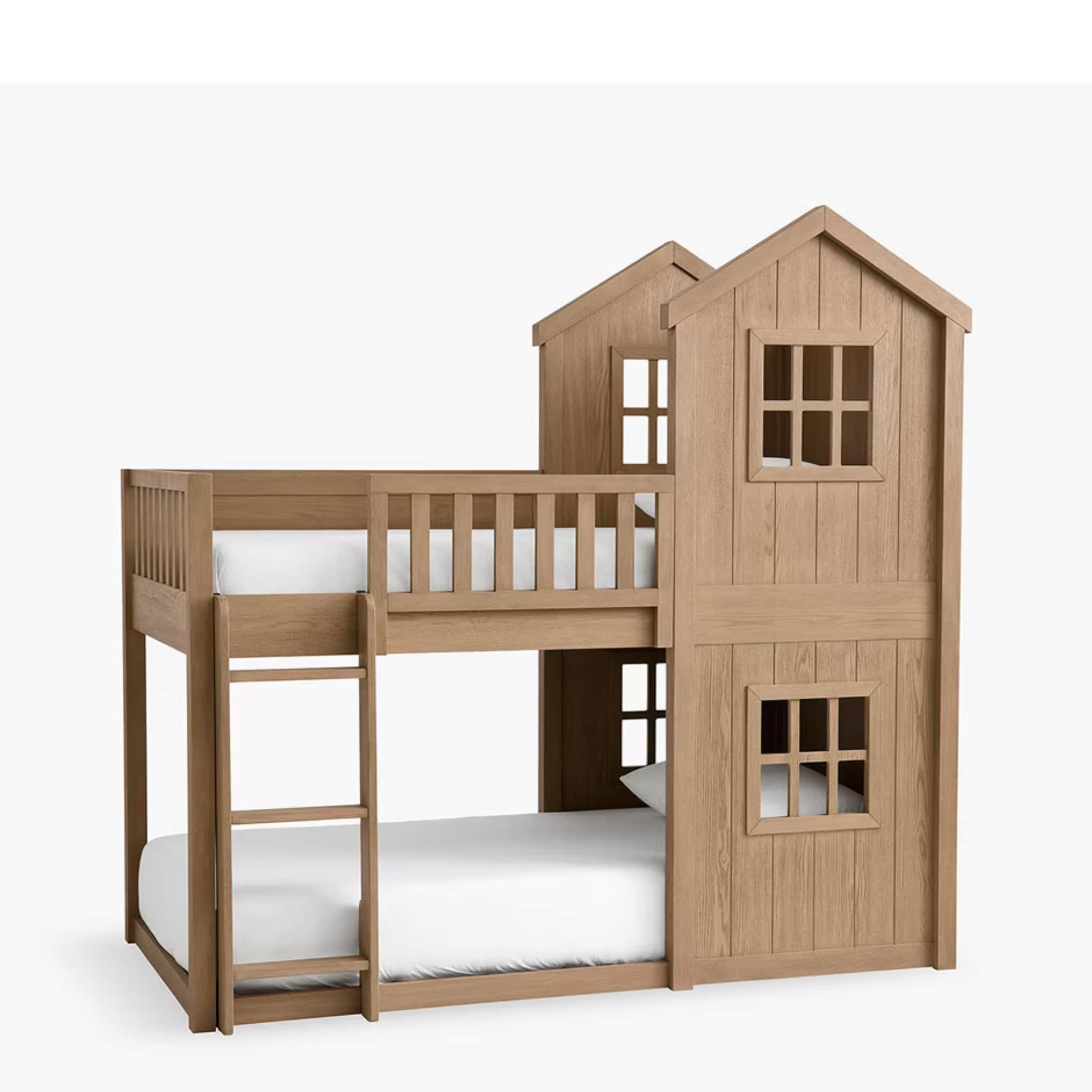 A light-colored wooden bunk bed featuring a playhouse design on one side with an integrated ladder,… — 3D model