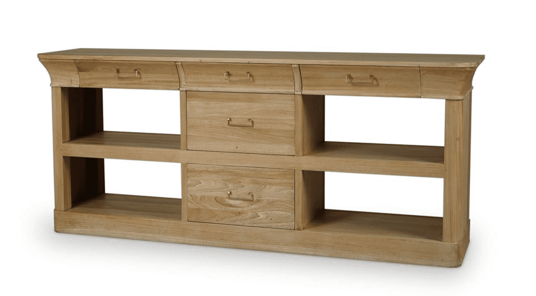 A long, low console table with an open shelf design and integrated drawers. The piece features a cur… — free BLEND 3D model