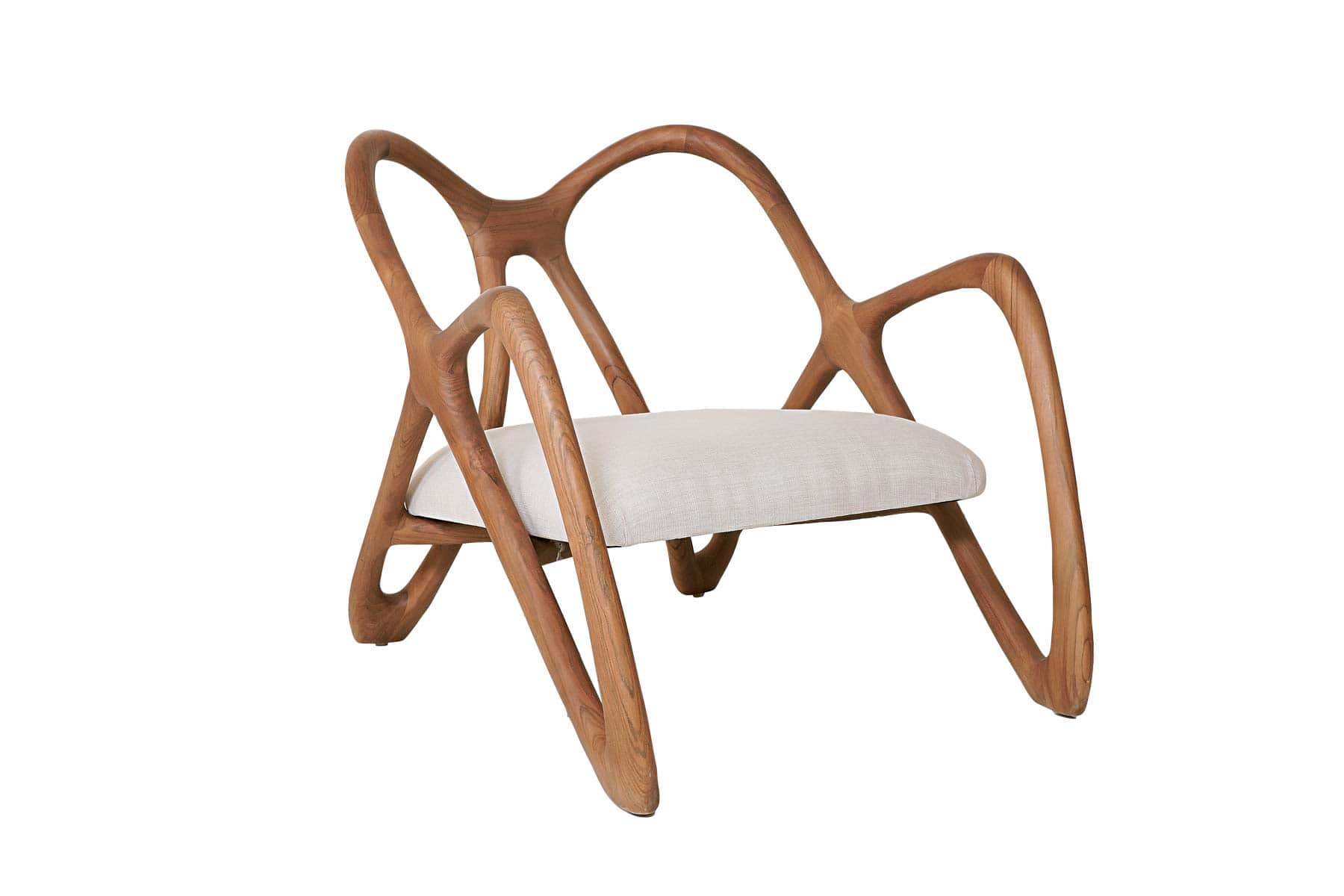 A modern accent chair with a unique, sculptural wooden frame and a upholstered seat. The frame is co… — 3D model