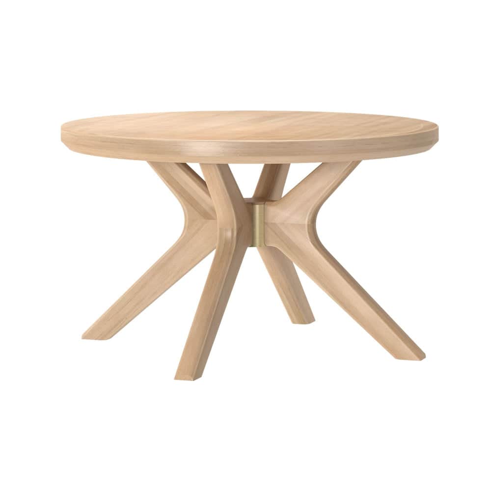 A round end table with a light wood finish. The tabletop has a subtle lip. The base consists of four… — 3D model