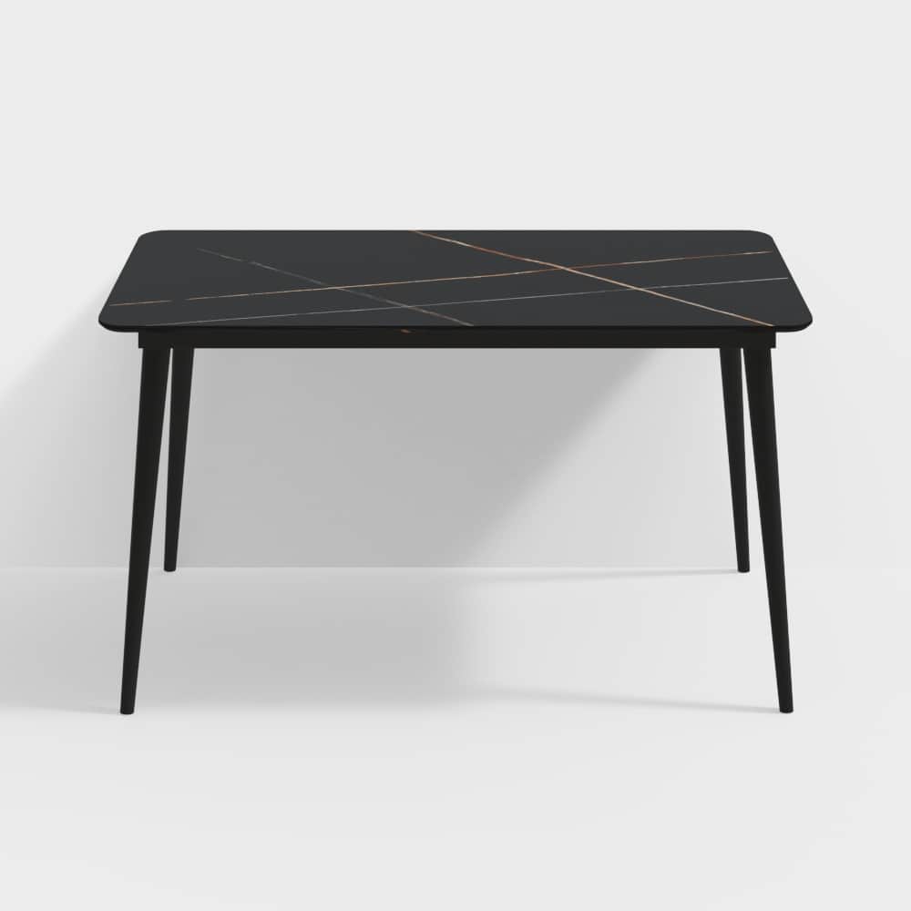 A contemporary rectangular table featuring a dark, possibly black or dark gray, faux marble top with… — 3D model