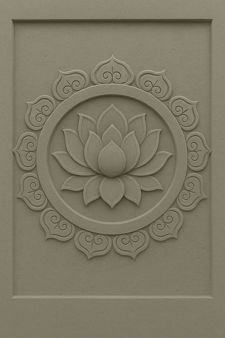 A circular bas-relief decorative object featuring a central, multi-layered lotus flower design. The… — 3D model