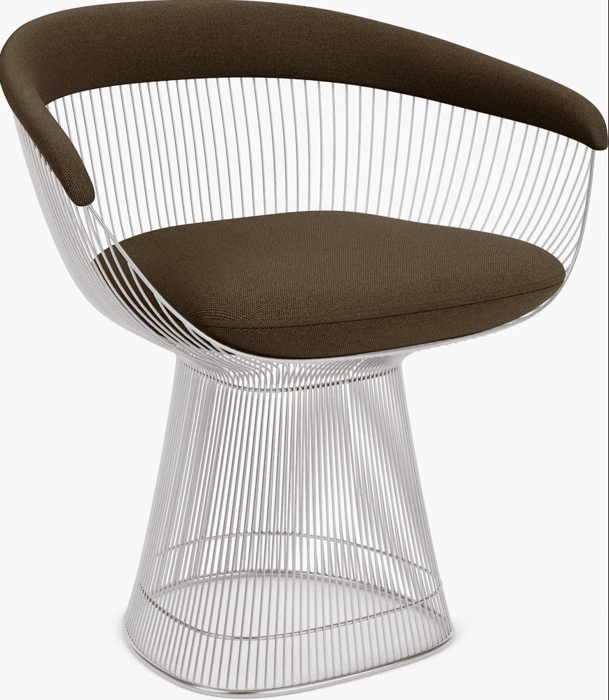 A mid-century modern lounge chair featuring a chrome-plated steel wireframe body with a dark brown u… — 3D model