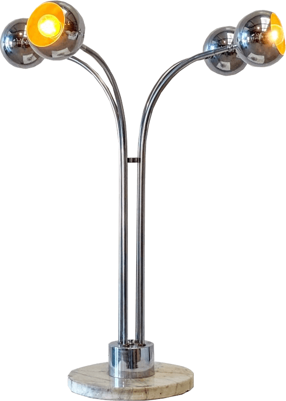 A modern arc floor lamp with a chrome finish. It features a base made of polished marble and a centr… — 3D model