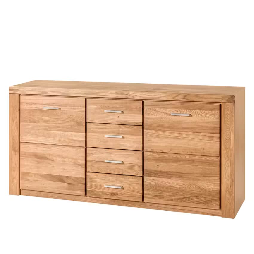 A rectangular, long, and low wooden storage unit, identifiable as a sideboard or credenza. It is con… — 3D model