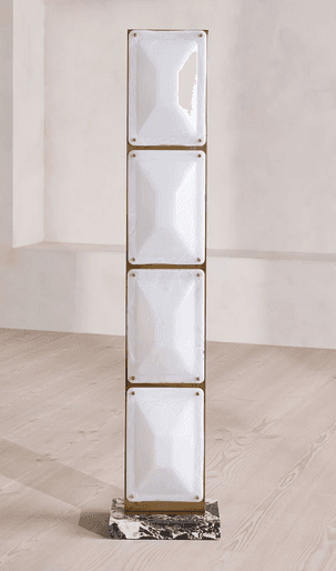 A tall, slender floor lamp featuring a brass-toned metal frame with four vertically stacked, rectang… — 3D model