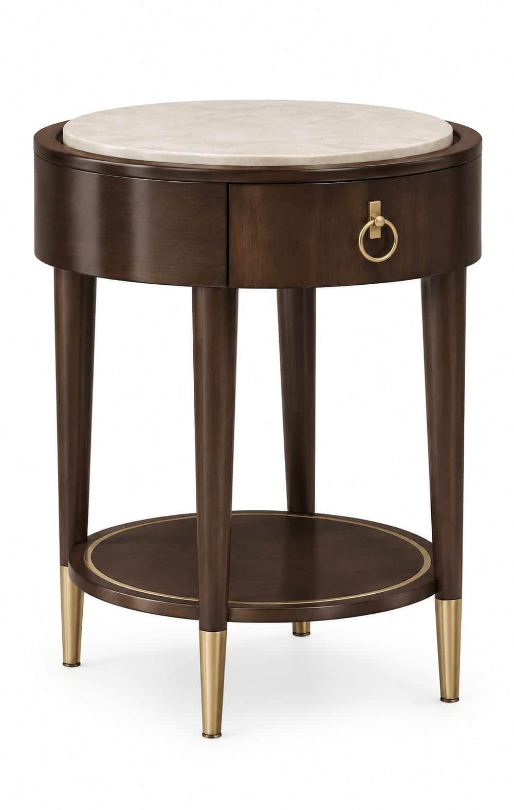 A round side table featuring a dark wood finish, a white marble top, a single drawer with a brass pu… — 3D model