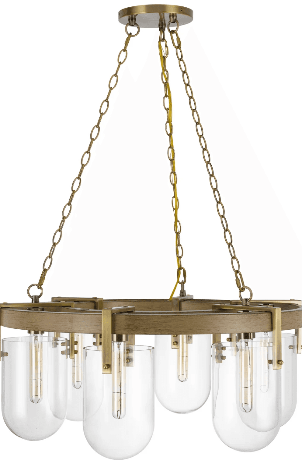 A hexagonal chandelier featuring a wooden frame with brass accents, suspended by chains. It has six… — 3D model