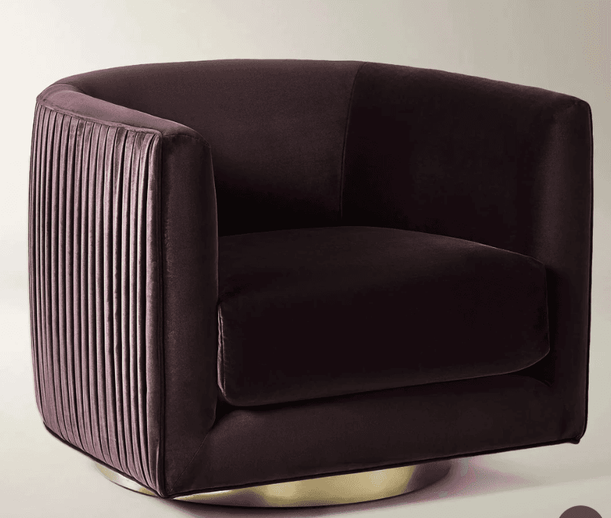 An upholstered barrel-style armchair featuring deep plum velvet fabric. One side of the chair back i… — free FBX 3D model