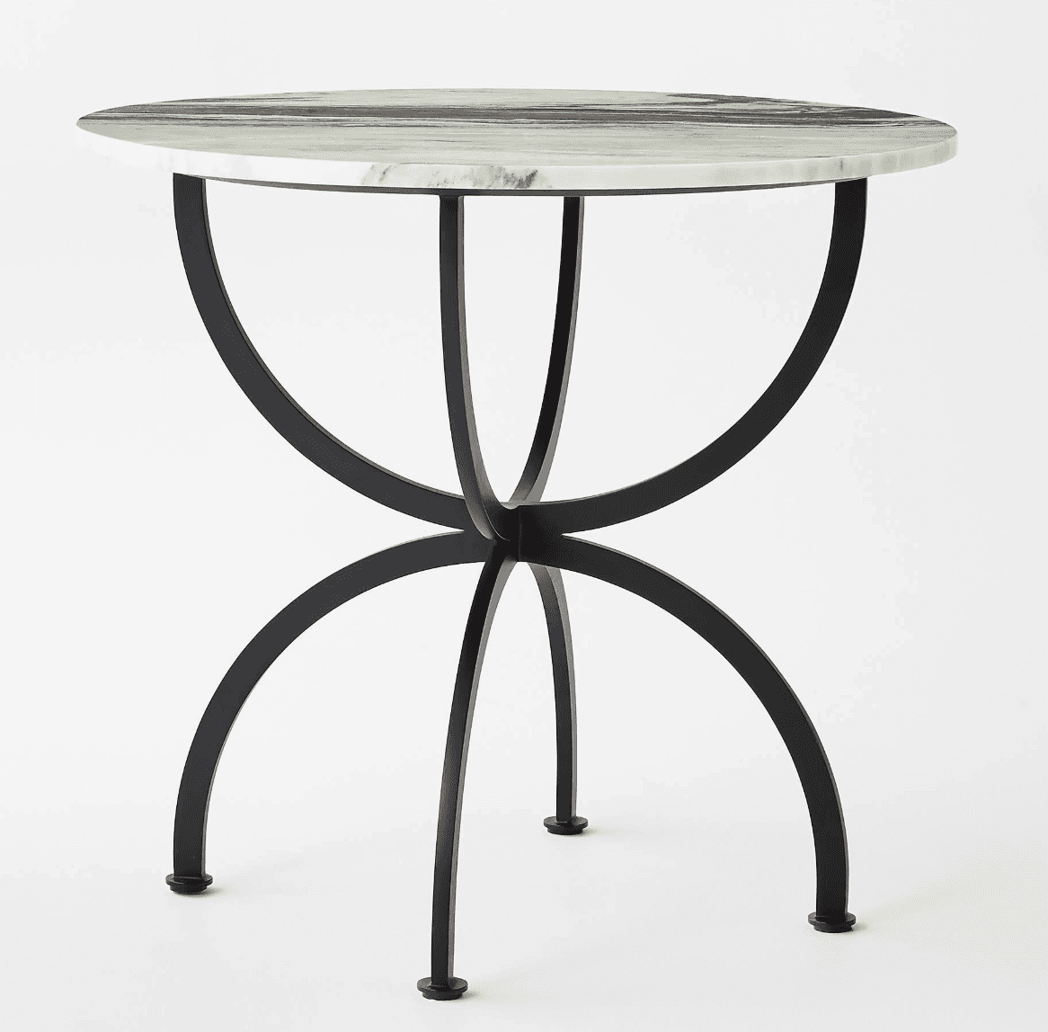 A small, round table featuring a polished white and gray veined marble top, supported by a distincti… — 3D model