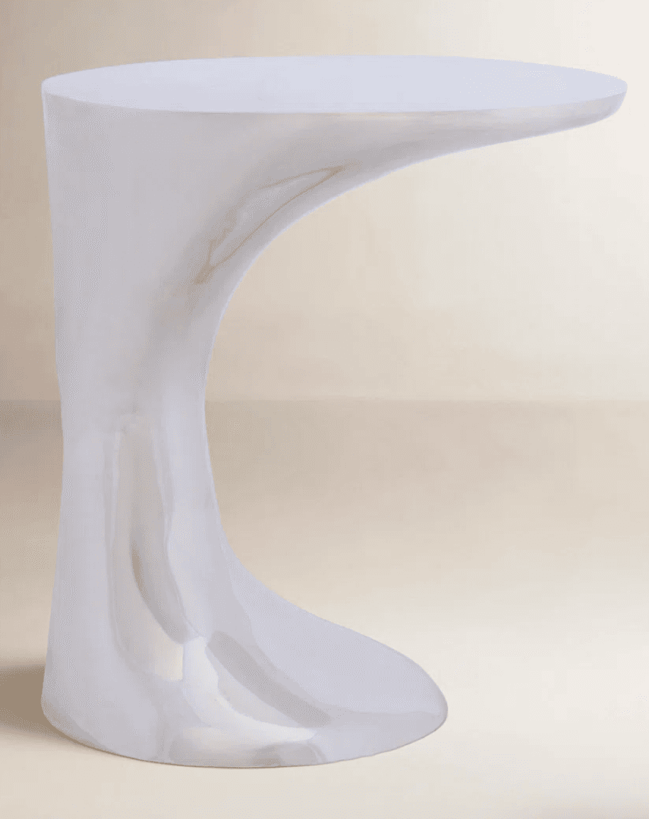A white, glossy accent table with a distinctive, asymmetric, sculptural form. The table features a s… — 3D model