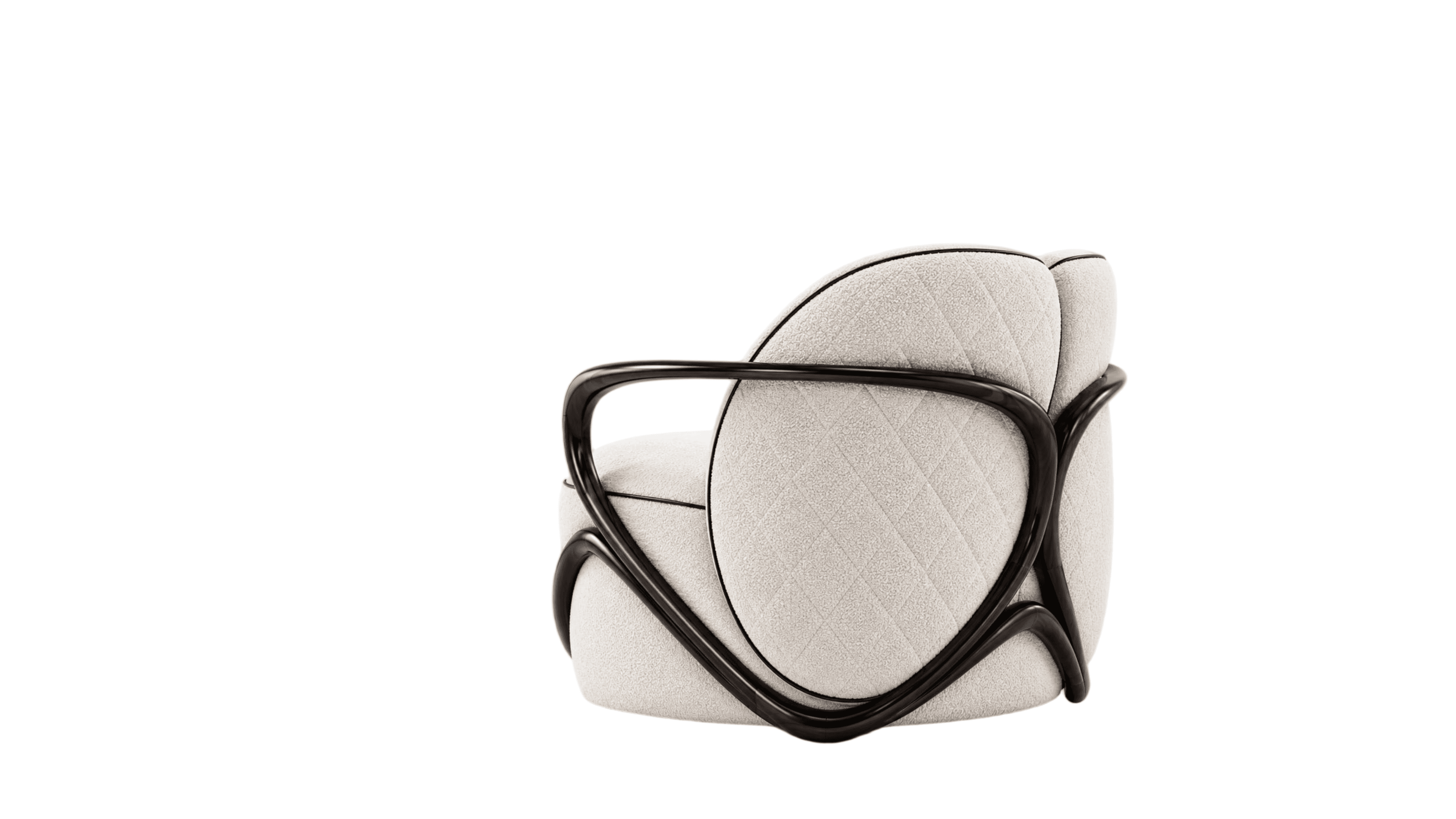 A modern upholstered armchair featuring a striking dark, sculptural wooden frame that integrates the… — free OBJ 3D model