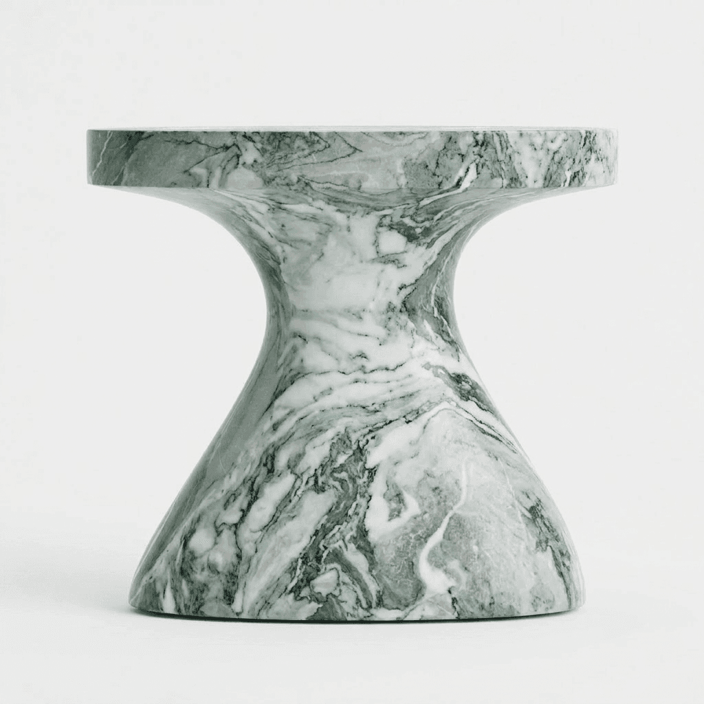 A side table with a distinct hourglass or spool-like silhouette. The tabletop is circular and flat,… — 3D model