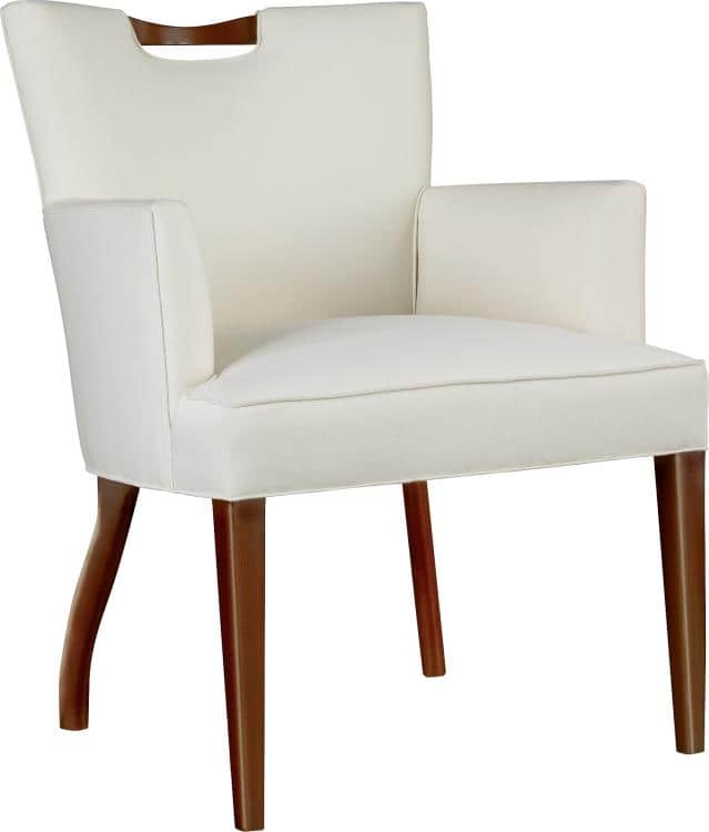 A fully upholstered, cream-colored armchair featuring a high backrest with a distinctive cut-out han… — free OBJ 3D model