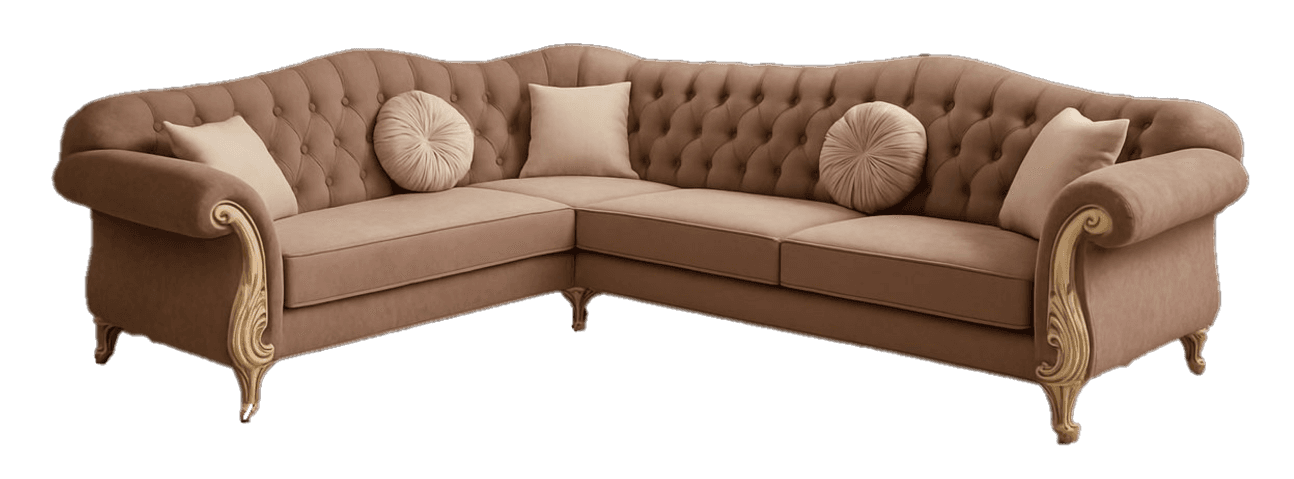 An L-shaped sectional sofa featuring deep button tufting on the backrest, rolled arms, and ornate ca… — 3D model