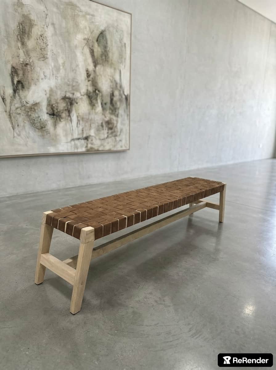 A long, rectangular bench featuring a light-colored wooden frame with a distinct woven leather strap… — 3D model